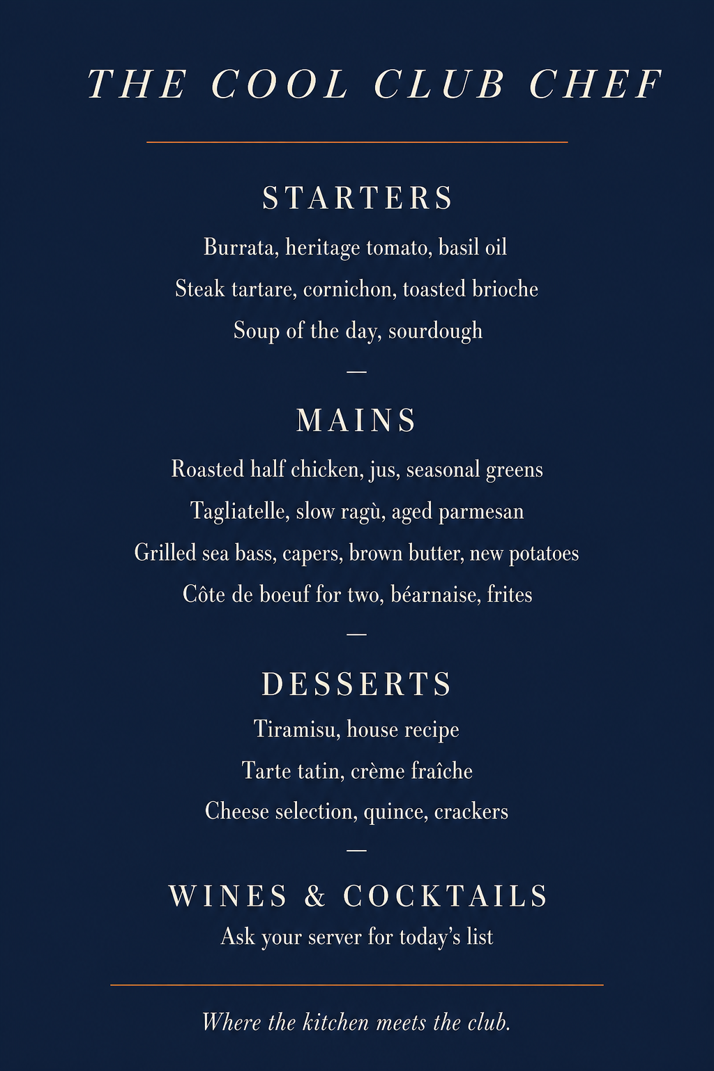 Cool Club Chef branded menu