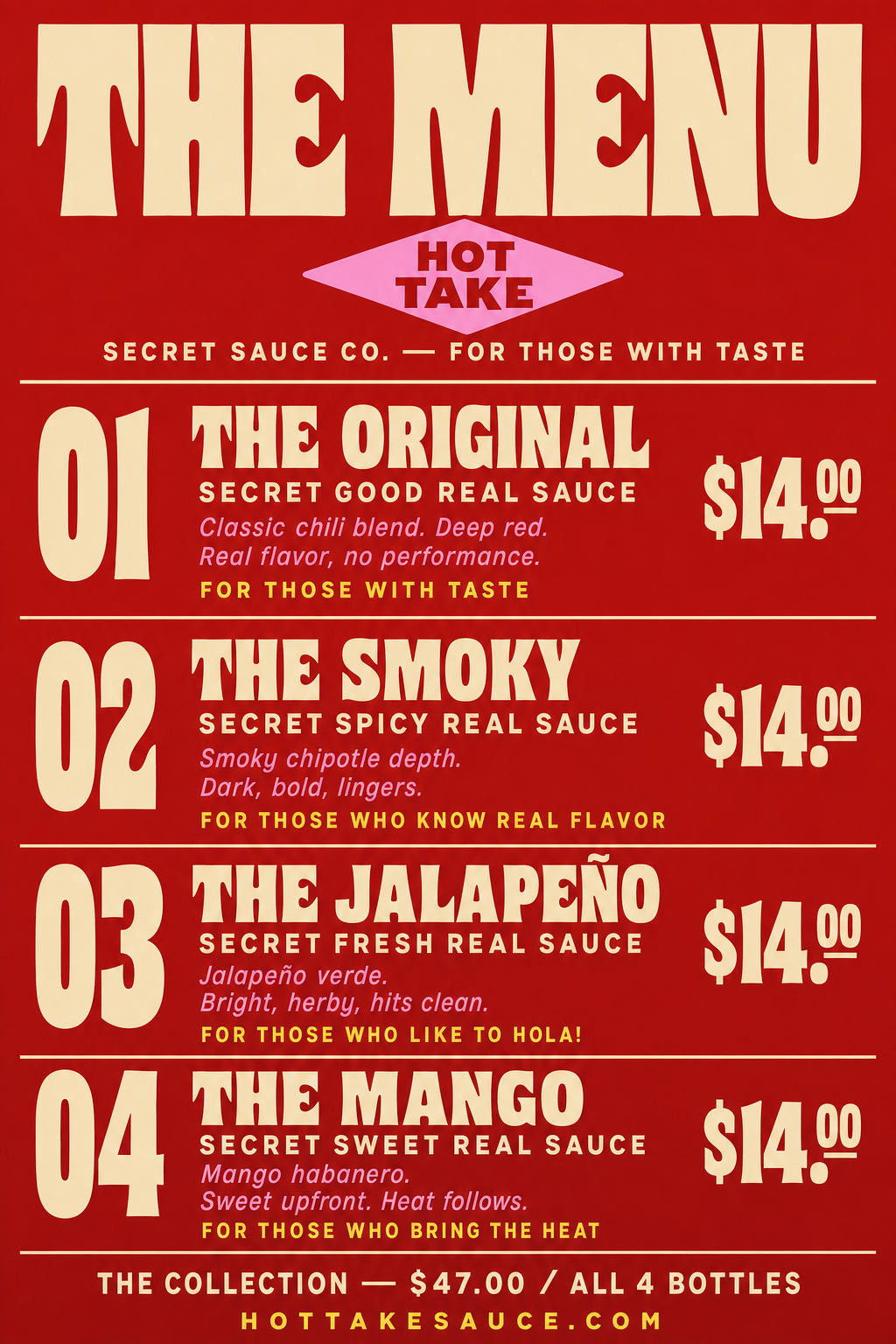 Bold editorial menu for a hot sauce brand