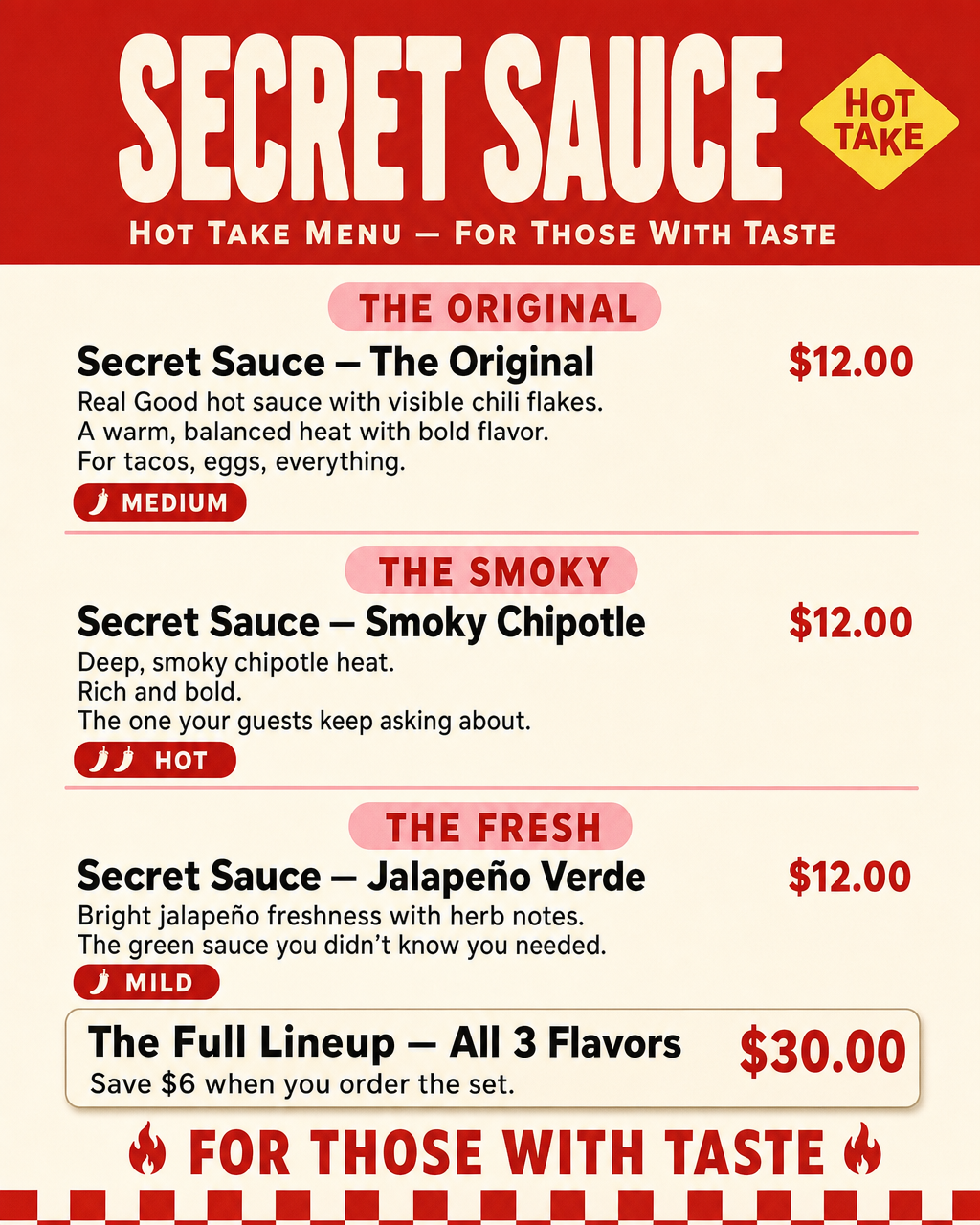 HotTake SecretSauce branded menu design