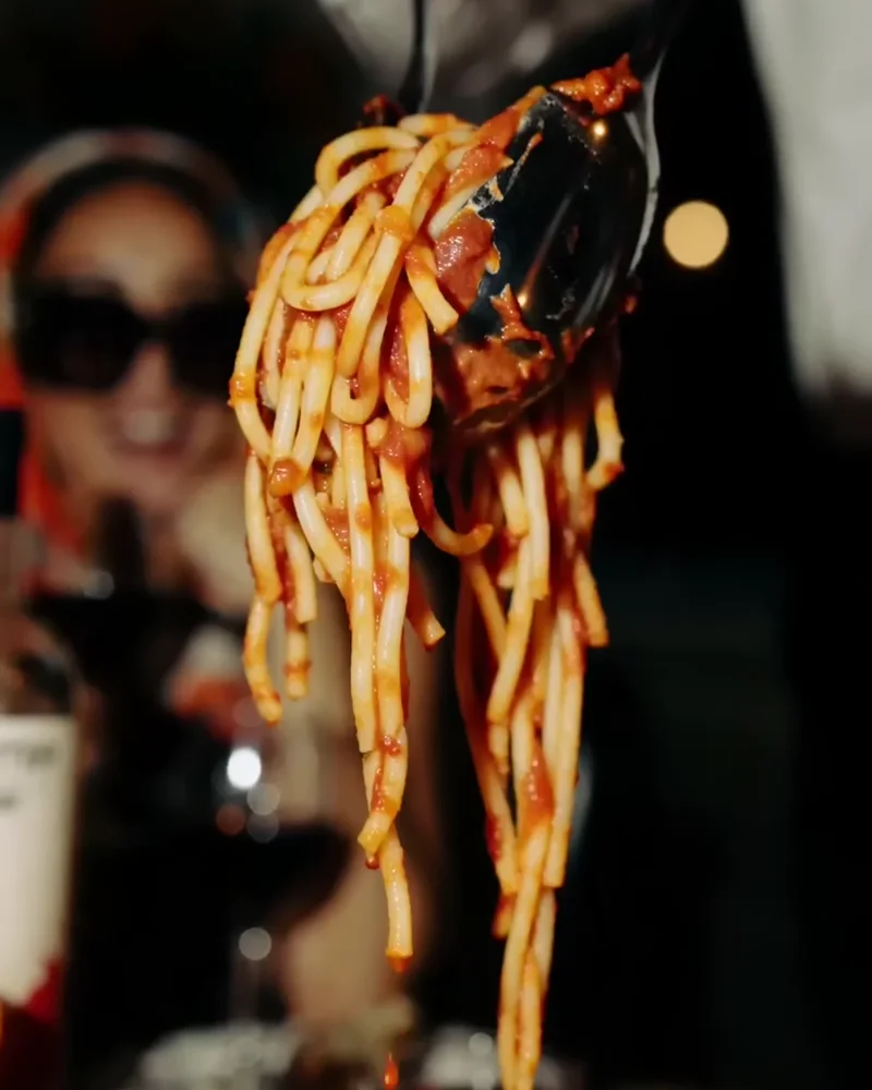 Pasta lifted from the pan